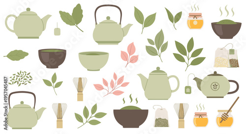 Collection of green tea elements including teapots bowls leaves and honey jars for a healthy beverage and relaxation concept