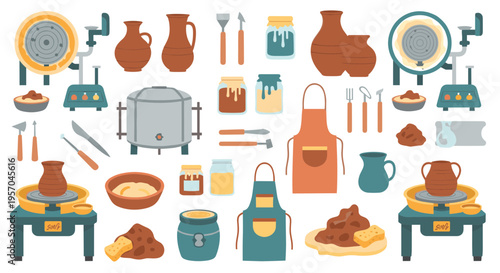 Pottery studio equipment and supplies for ceramic art creation including pottery wheels kilns and tools