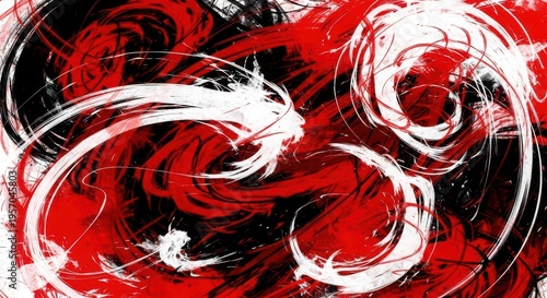 A red and black abstract painting with white swirls