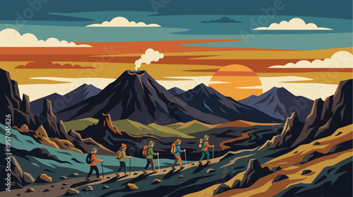 A group of hikers traverses a rugged, mountainous terrain with a smoking volcano and a vibrant sunset in the background, depicted in a stylized, graphic art style.