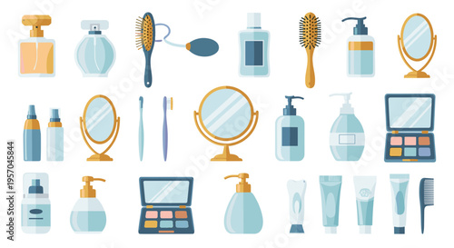 Collection of modern beauty and personal care products arranged neatly on a white background, featuring skincare items, cosmetics, and grooming tools for daily routines.