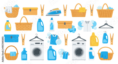 Laundry room essentials collection including washing machines detergent baskets irons and clothes hangers for domestic chores and household cleaning tasks