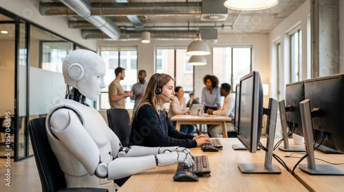 Humanoid robot and customer service agent working together in modern office call center. Future of work concept. 