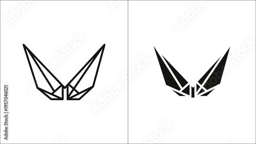 Minimalist geometric wing logo designs presented in both outline and solid black graphic variations Vector