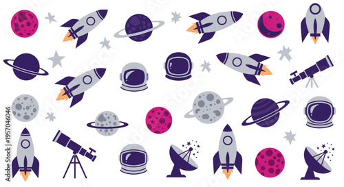 Colorful Space Exploration Elements Collection Featuring Rockets Astronauts Planets Telescopes and Satellites for Kids and Science Themes