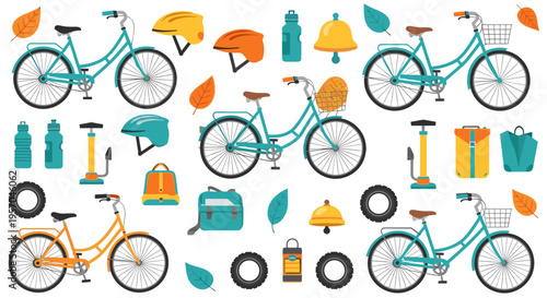 Collection of bicycles and cycling accessories in various colors and styles for outdoor recreation and healthy lifestyle