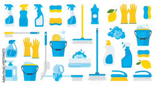 Collection of cleaning supplies and tools for home hygiene and tidiness with blue and yellow accents