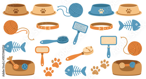 Collection of cute cartoon pet supplies for cats and dogs including food bowls, yarn balls, collars, brushes, toys, and beds