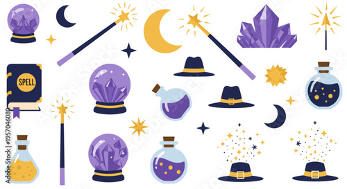 Magical elements collection with crystal balls, wands, spell books, potions, and witch hats for fantasy and witchcraft themes