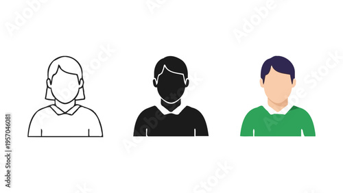 Three stylized avatar icons showing a line art, a solid silhouette, and a colorful portrait style Vector