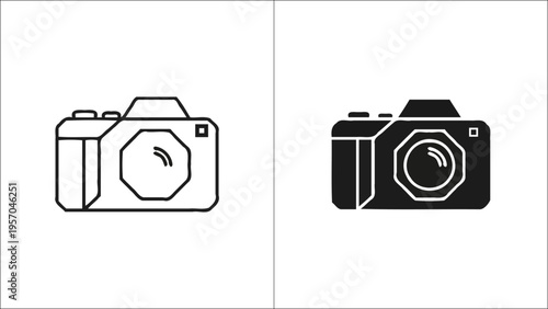 Minimalist outline and solid black icon set representing a modern digital dslr camera device Vector