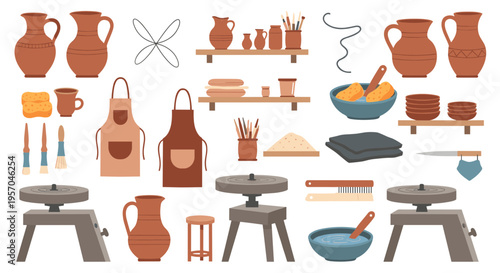 Pottery studio equipment and supplies for ceramic art creation including pottery wheels tools and clay vessels