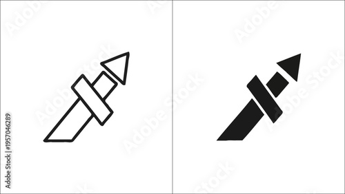 Minimalist graphic icon of a stylized arrow pointing upward showing both outline and solid fill Vector