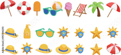 Summer Beach Vacation Icon Vector Set with Umbrellas Sunglasses Ice Cream Starfish Palm Tree Deck Chair and Sun Hat for Holiday Travel Illustration Collection Design