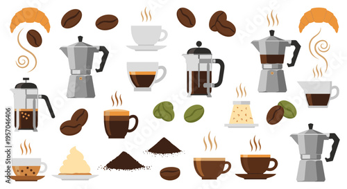 Collection of coffee related items including brewing equipment cups beans and pastries for a cafe or coffee shop concept