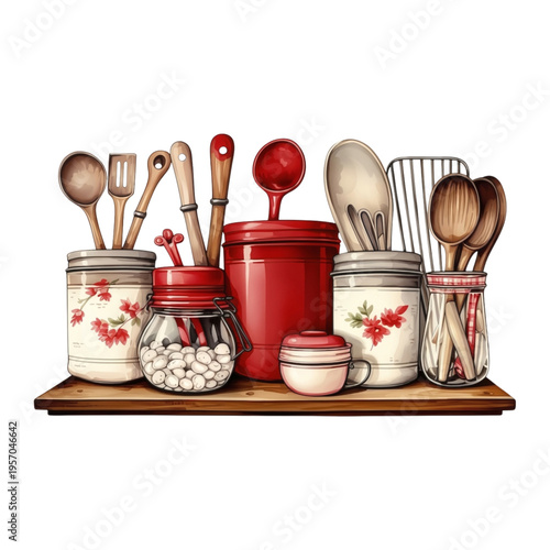 Illustration of Traditional Wooden Kitchen Utensils with Red Accents"