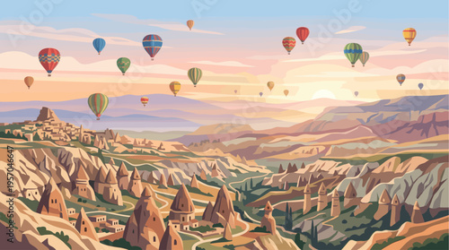 A picturesque, stylized landscape featuring numerous colorful hot air balloons soaring over the unique fairy chimney rock formations and ancient cave dwellings of Cappadocia at sunrise.