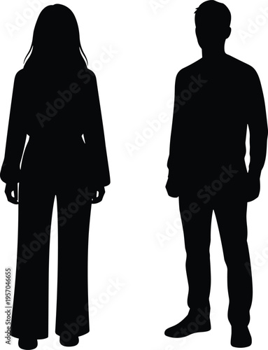 Man and woman full body silhouette isolated minimal black white illustration faceless people standing modern human figures simple design