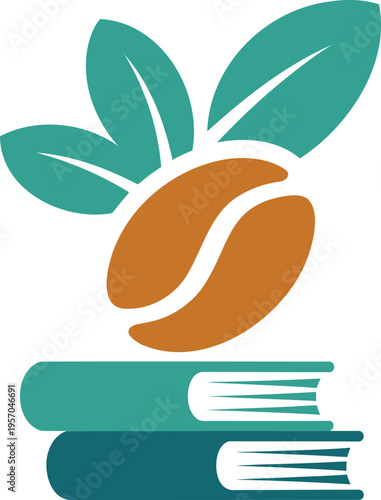 Fotografi Books stacked under coffee bean with green leaves on white