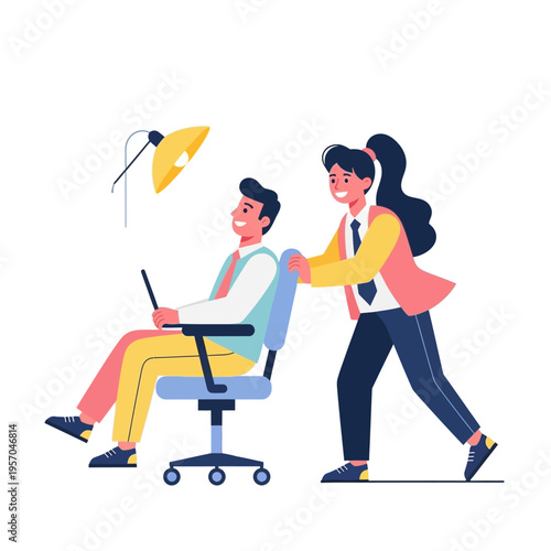 Businesswoman Pushing Businessman in Office Chair, Teamwork and Support Concept