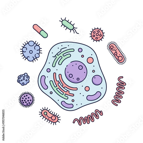 Cell Biology: Cartoon Animal Cell Surrounded by Diverse Microorganisms and Bacteria