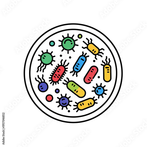 Colorful Bacteria and Microbes in Petri Dish, Microscopic Organisms, Science Illustration
