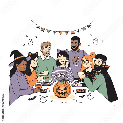 Diverse friends celebrating Halloween at a festive dinner party with pumpkin and decorations