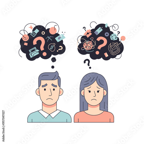 Confused couple thinking with question marks and abstract symbols in thought bubbles
