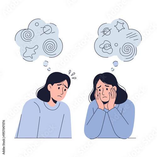 Confused Women with Tangled Thoughts in Thought Bubbles, Anxiety and Stress Concept