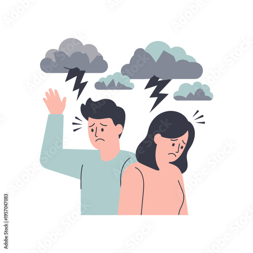 Couple arguing under stormy clouds, relationship conflict, emotional distress
