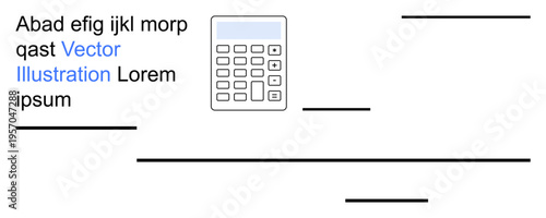 Education, finance, calculation, digital tools, abstract design, productivity. Calculator with a digital display centered alongside random text and line elements. Education and finance concept
