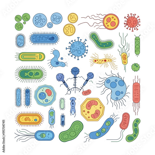 Diverse Microbe Collection: Bacteria, Viruses, and Protozoa in Flat Design
