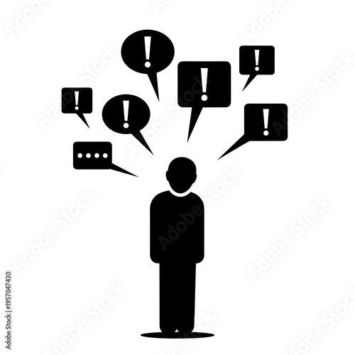 black silhouette of a person facing messages with exclamation marks online bullying concept cyber harassment 