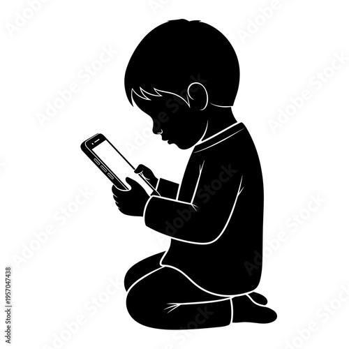 black silhouette of a small figure holding a large smartphone children and gadgets concept modern lifestyle 