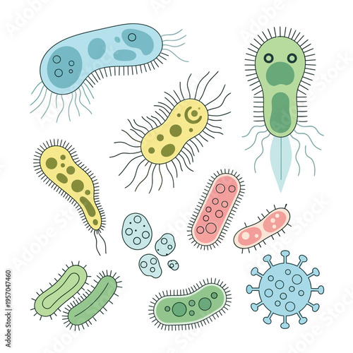 Diverse Microorganism Collection: Bacteria, Viruses, and Cells - Colorful Flat Illustration