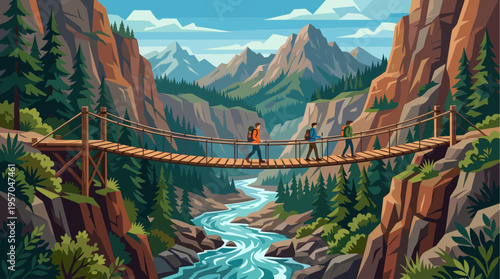 Three hikers with backpacks cross a wooden suspension bridge spanning a river valley surrounded by steep cliffs, evergreen trees, and distant mountains under a clear blue sky.