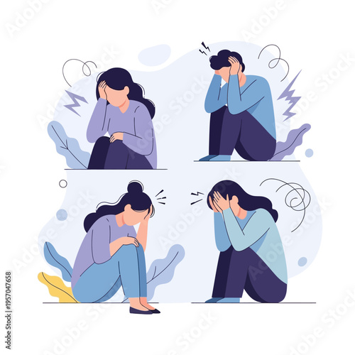 Mental health distress: sad people suffering anxiety, stress, and depression, illustration