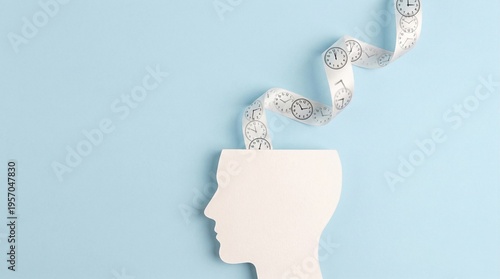 Human head silhouette with clock tape conceptual time management and mental load