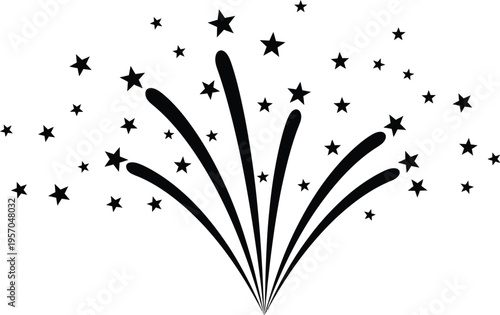 Black and white graphic representation of stylized fireworks exploding with numerous scattered stars against a white background.