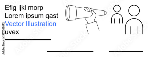 Marketing, public speaking, social engagement, communication, announcement, business promotion. A hand holding a megaphone with two outlined people symbols. Communication and announcement