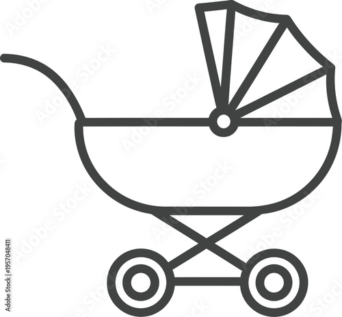 Simple line art illustration shows a classic baby carriage or pram with a protective canopy and four wheels standing alone.