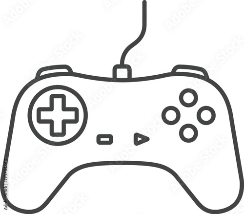 Outline drawing of a modern wired video game controller featuring directional pad and action buttons for entertainment use.