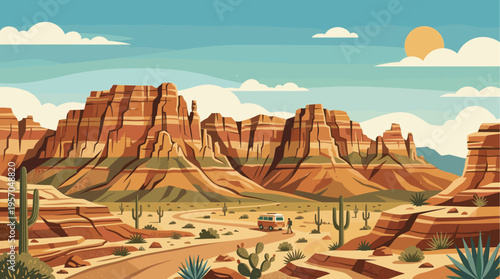 A stylized, flat design illustration of a desert landscape featuring layered canyons, various cacti, and a vintage camper van with a hiker exploring a dirt road under a bright sun and cloudy sky.
