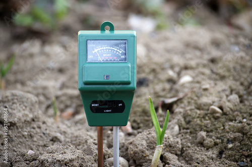 Soil Moisture And pH Meter Probe In Garden Soil Next To Young Seedling For Testing