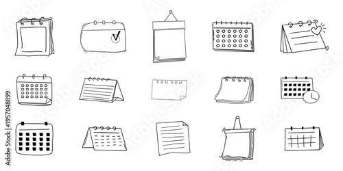 Calendar blank template in doodle style, sketch hand drawn clip art for planning, diary, sticker. Hanging line schedule planner. Reminder and calendar with a check.