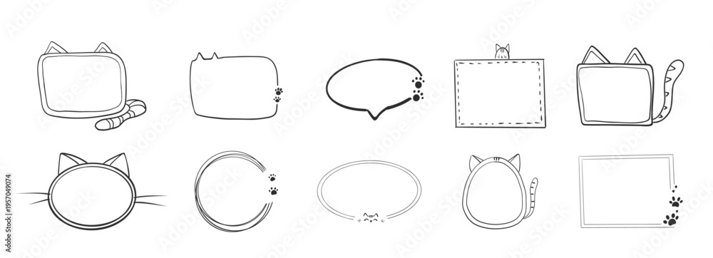 Obraz premium Empty cute cat or dog, pet frame set, speech bubble with ears and tail, border with paw print. Doodle sketch hand drawn elements. Footprint badge, border divider. 