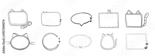 Empty cute cat or dog, pet frame set, speech bubble with ears and tail, border with paw print. Doodle sketch hand drawn elements. Footprint badge, border divider. 