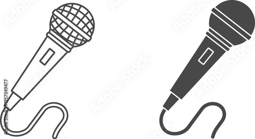 Wired vocal microphones are displayed in both outline and solid forms for recording or live performance applications.