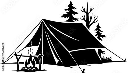 Camping tent, outdoor adventure, black silhouette, vector icon, wilderness travel