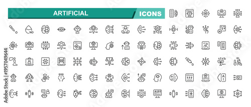 Artificial icon set. Minimal linear icons. Artificial intelligence. Simple line art style icons pack. Robot symbol. Contains related to automation, technology, digital, intelligence and more.